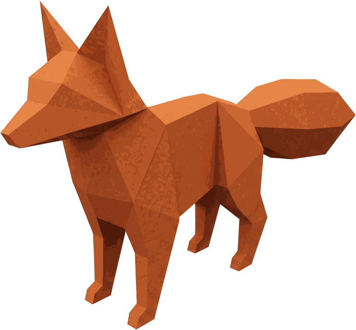 A fox folded from burnt orange paper, standing alert with its tail out.