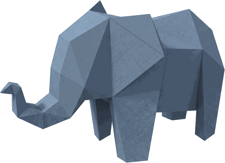 An elephant folded from slate blue paper, trunk curled under.