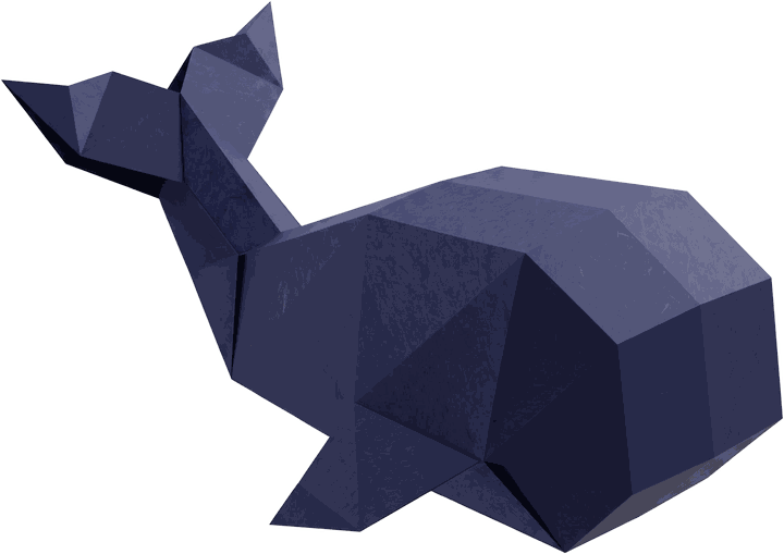 A whale folded from indigo paper, tail fluke raised.